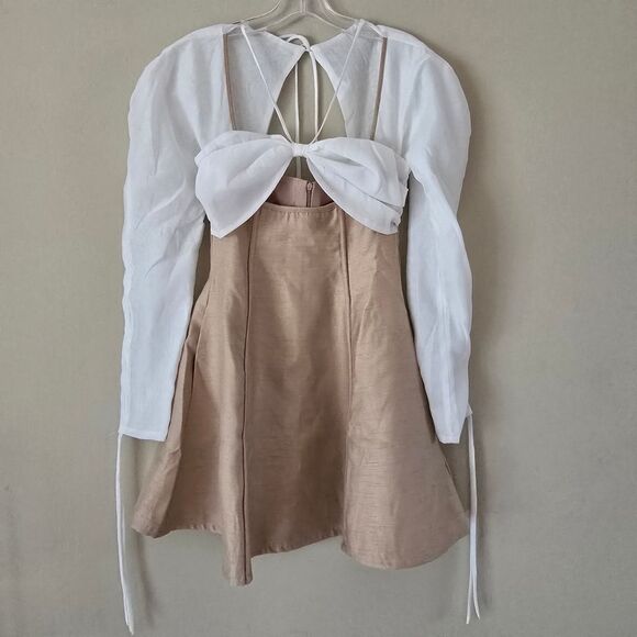 CHOUCHOU Women's  Mini Dress Beige and White Long Sleeve Size Small Preppy - Picture 3 of 6